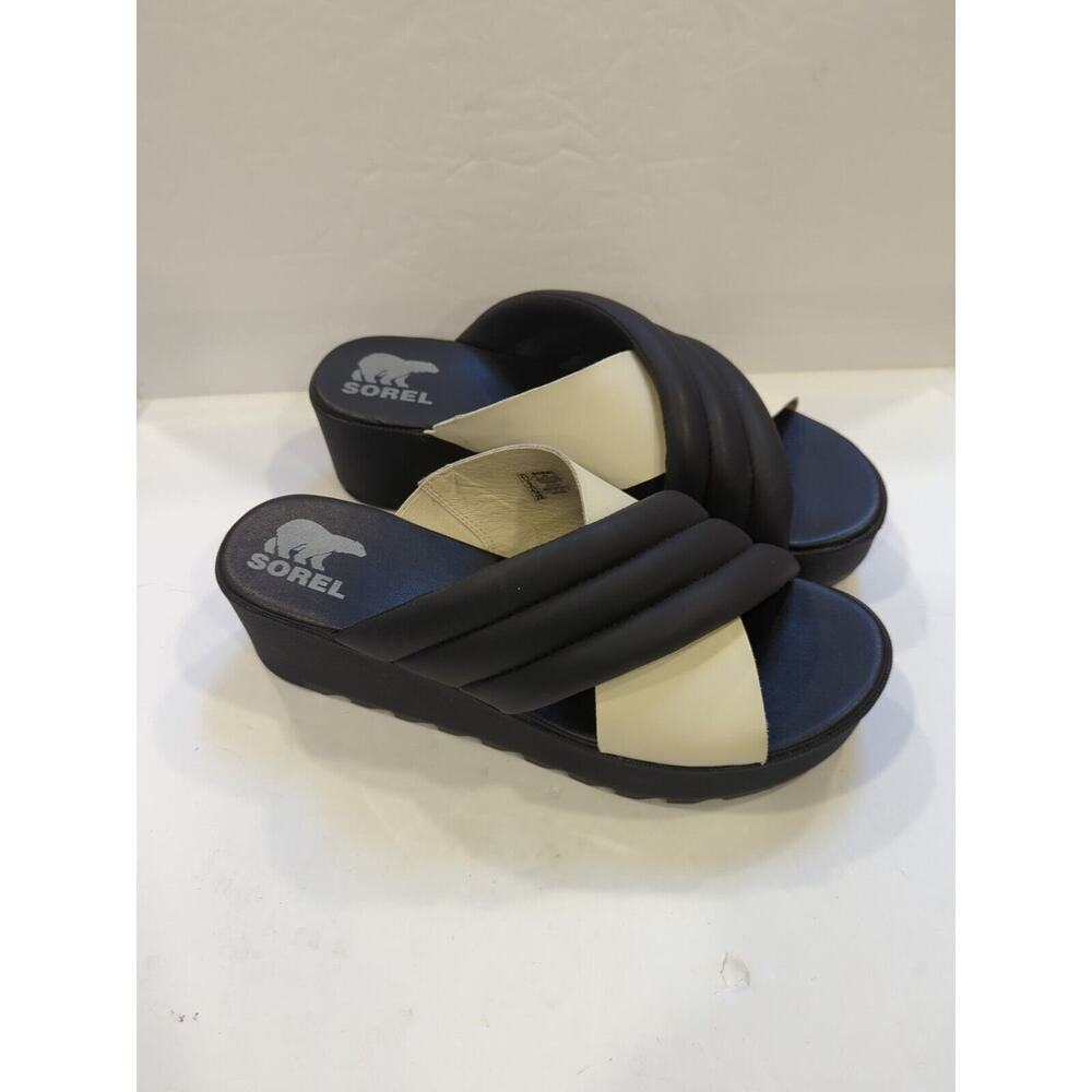 Sorel Womens Size 10 Cameron Flatform Puff Black Sea Salt Leather Sandals